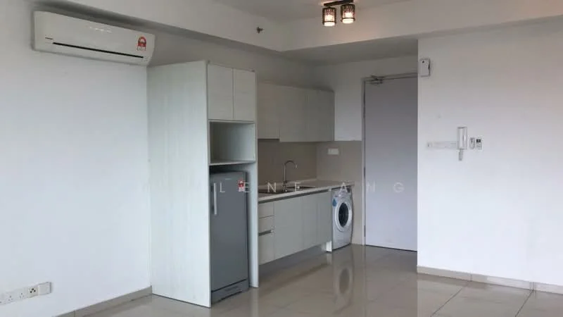 Kitchen features: white cabinetry, stainless-steel fridge, built-in oven, single-bowl stainless-steel sink, chrome pull-down faucet, ceramic tile flooring, wall-mounted split AC, washing machine, countertop with backsplash, recessed downlights; style: modern.