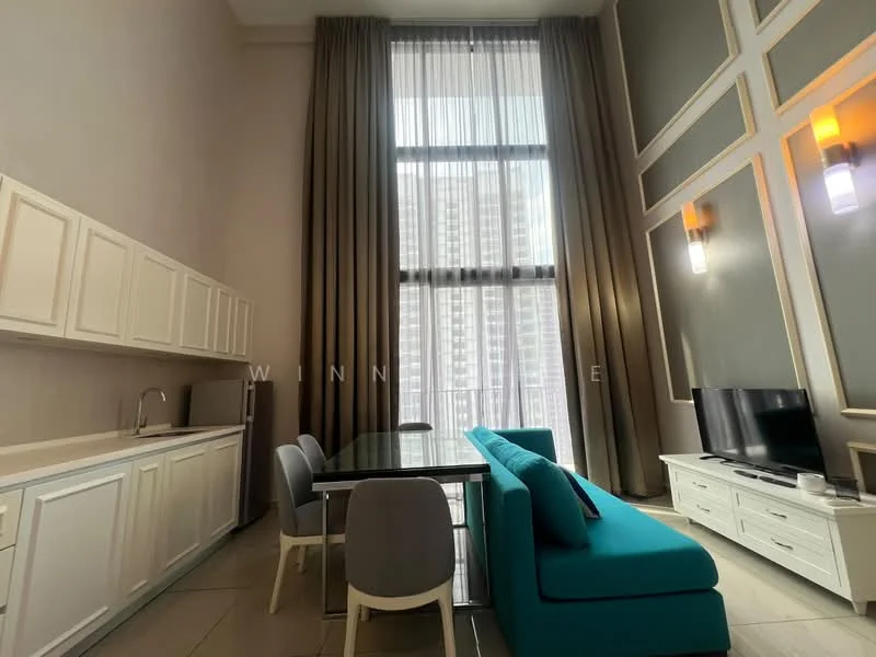 Living features: floor-to-ceiling windows, sheer curtains, grey accent wall, white painted walls, polished tile flooring, 3-seater fabric sofa in turquoise, dining table with 4 grey chairs, TV console, wall-mounted TV, recessed downlights, decorative wall sconces; style: modern; view: city.