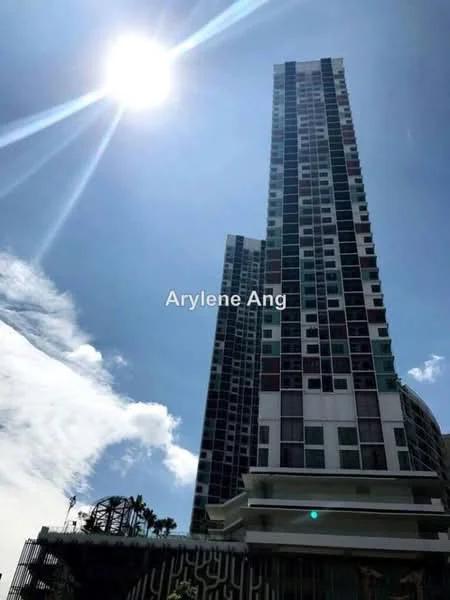 Exterior type: high-rise condominium; features: glass curtain wall, projecting balconies, approximately 20-storey high-rise, surrounded by mature greenery; style: modern.