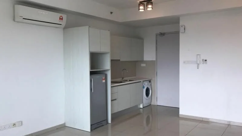 Kitchen features: white cabinetry, single-bowl stainless-steel sink, chrome pull-down faucet, built-in oven, fridge, front-load washing machine, ceramic tile flooring, wall-mounted split AC, recessed downlights, neutral painted walls; style: modern.
