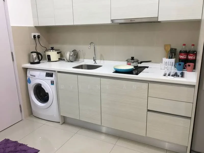 Kitchen features: white laminate cabinetry, stainless-steel single-bowl sink, chrome pull-down faucet, white quartz countertop, built-in gas stove, white washing machine, kettle, toaster, 2 bottles of Coca-Cola, ceramic frying pan, grey tiled backsplash, white tiled flooring, under-cabinet lighting; style: modern.