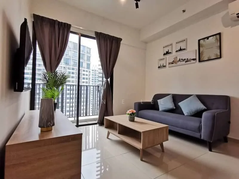 Living features: grey fabric sofa, coffee table, wall-mounted TV, floor-to-ceiling windows, curtains, decorative plant in pot, framed artwork on wall, ceramic vase with flowers, glossy tile flooring, recessed downlights, air conditioning unit; style: modern; view: city.