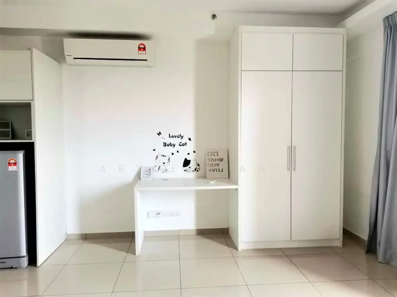 Room features: white painted walls, cream tiled flooring, 1 wall-mounted split AC, built-in wardrobe with sliding doors, white desk, decorative wall art, stainless-steel fridge, curtains, light switch, power outlet; style: modern.