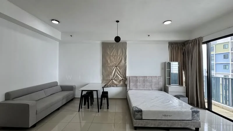 Living features: grey fabric sofa, white dining table, black dining chairs, queen-size bed frame without mattress, floor-to-ceiling windows, curtains, tile flooring, recessed downlights, wall-mounted air conditioning unit, neutral painted walls; style: modern.