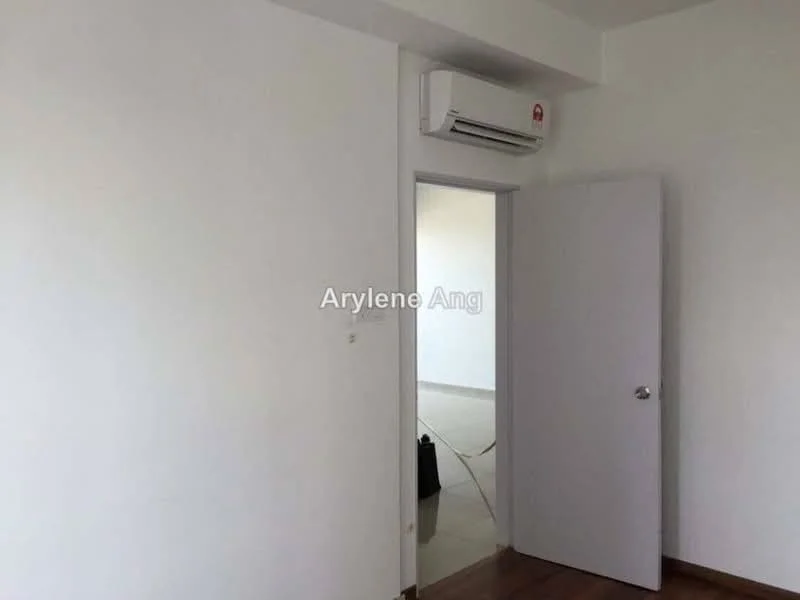 Room features: white painted walls, wooden flooring, 1 wall-mounted split AC, door to another room.