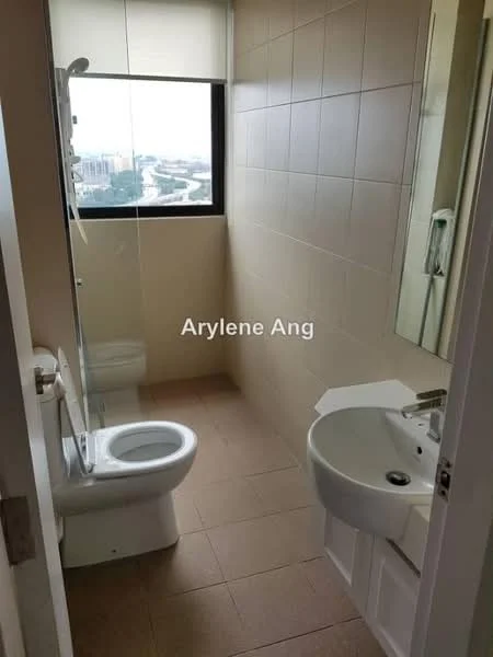 Bathroom features: white ceramic toilet, single-sink vanity with cabinet, chrome basin mixer faucet, framed mirror, shower with glass enclosure, tile flooring, cream tiled walls, window with city view; style: modern; view: city.