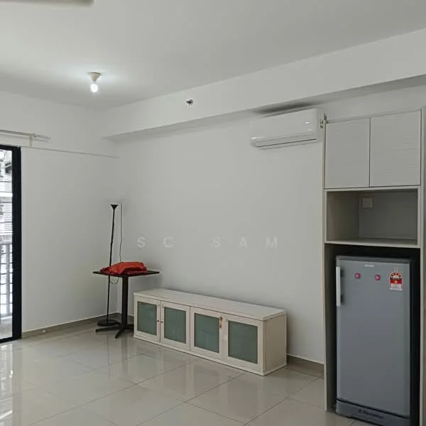 Living features: white painted walls, polished ceramic tile flooring, ceiling light, 1 wall-mounted split AC, floor-to-ceiling window, sliding glass door, light-colored cabinet with glass doors, fridge, TV console, lamp, red fabric throw, neutral color scheme; style: modern.