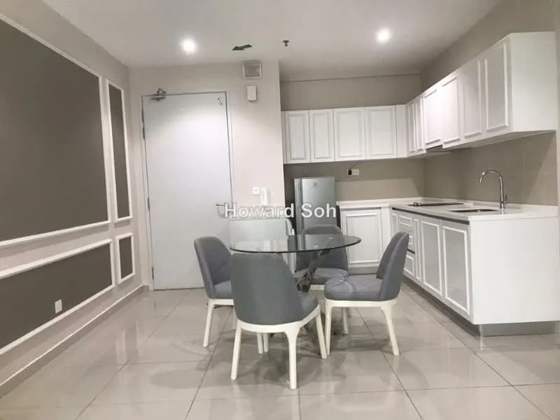Kitchen features: white shaker cabinets, glass dining table, 4 upholstered dining chairs, stainless-steel sink, chrome pull-down faucet, white countertop, ceramic tile flooring, recessed downlights, grey accent wall, open layout; style: modern.