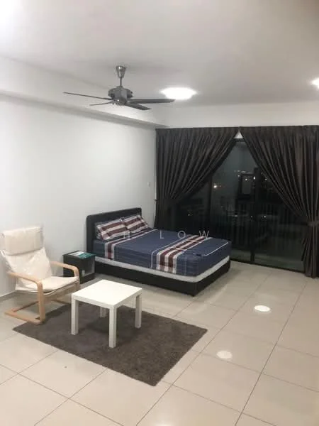 Living features: queen-size bed with striped bedding, 3-blade ceiling fan, white painted walls, glossy tile flooring, floor-to-ceiling windows, dark brown curtains, white coffee table, beige armchair, area rug with grey color, nightstand, city view; style: modern; view: city.
