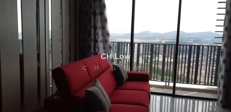 Living features: red fabric sofa, floor-to-ceiling windows, city view, grey curtains, marble flooring, decorative wall panels, area rug, coffee table; style: modern; view: city.