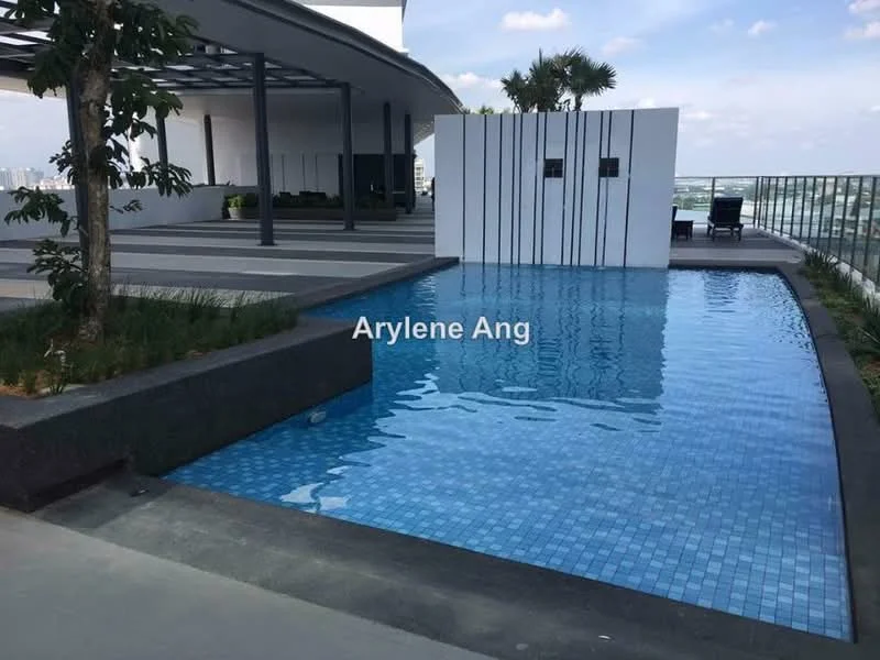 Exterior type: swimming pool deck; features: infinity pool, tiled pool surface, landscaped area with plants, concrete pool deck, glass railing, open terrace area, modern architectural design; style: modern.