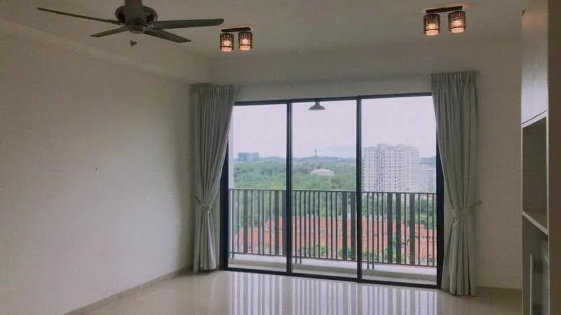 Living features: floor-to-ceiling windows, sliding glass door, sheer curtains, 5-blade ceiling fan with light, recessed downlights, cream painted walls, polished tile flooring, balcony view of city skyline; style: modern; view: city.