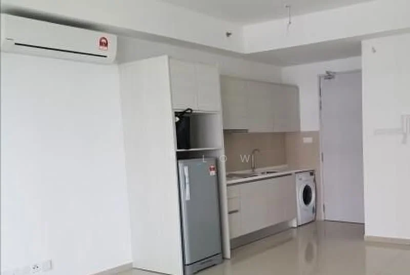 Kitchen features: white cabinetry, stainless-steel fridge, built-in oven, stainless-steel sink, chrome pull-down faucet, ceramic tile backsplash, washing machine, wall-mounted split AC, light-colored countertop, open layout, neutral wall color, tile flooring; style: modern.
