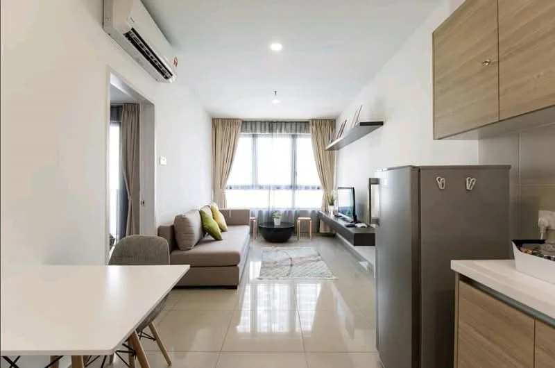 Living features: 3-seater fabric sofa in beige, coffee table, wall-mounted TV, TV console, area rug with geometric pattern, floor-to-ceiling windows, sheer curtains, recessed downlights, wall-mounted shelf, 1 wall-mounted split AC, light-colored walls, glossy tile flooring; style: modern; view: city. Kitchen features: stainless-steel fridge, built-in cabinets, white countertop, kitchen island, sink, stainless-steel faucet; style: modern.