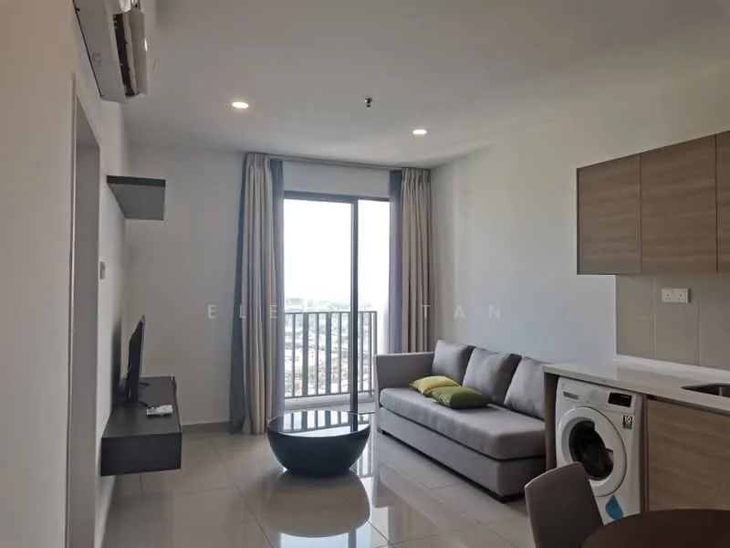 Living features: grey fabric sofa, round black coffee table, wall-mounted TV, TV console, floor-to-ceiling windows, sheer curtains, air conditioning unit, light-colored walls, glossy tile flooring, washing machine, kitchen cabinetry, kitchen countertop; style: modern; view: city.