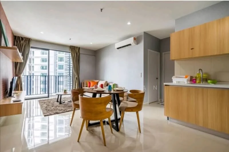 Living features: floor-to-ceiling windows, sliding glass door, cream painted walls, polished tile flooring, 5-blade ceiling fan, wall-mounted TV, wooden TV console, area rug with geometric pattern, round dining table, 4 wooden dining chairs, sofa in orange and white, decorative cushions, built-in kitchen cabinetry, stainless-steel sink, kitchen countertop; style: modern; view: city.