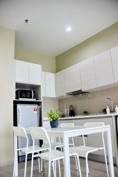 Kitchen features: white shaker cabinets, stainless-steel fridge, built-in microwave, stainless-steel sink, chrome pull-down faucet, white countertop, ceramic tile backsplash, 4-burner gas hob, recessed LED downlights, white dining table, 4 white dining chairs, potted plant on countertop, light grey walls, polished tile flooring; style: modern.