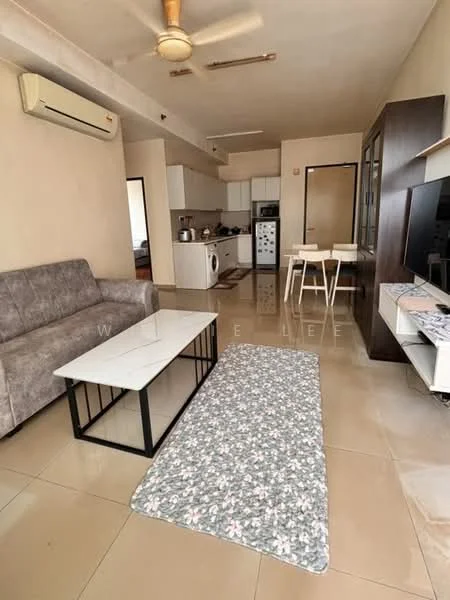 Living features: 3-seater fabric sofa in grey, coffee table with white marble top, area rug with floral pattern, wall-mounted TV, TV console, ceiling fan, wall-mounted air conditioning unit, tile flooring, neutral painted walls, open layout to kitchen, dining table with two chairs; style: modern. Kitchen features: white cabinetry, stainless-steel fridge, built-in oven, freestanding range oven, kitchen countertop, sink, tile backsplash; style: modern.