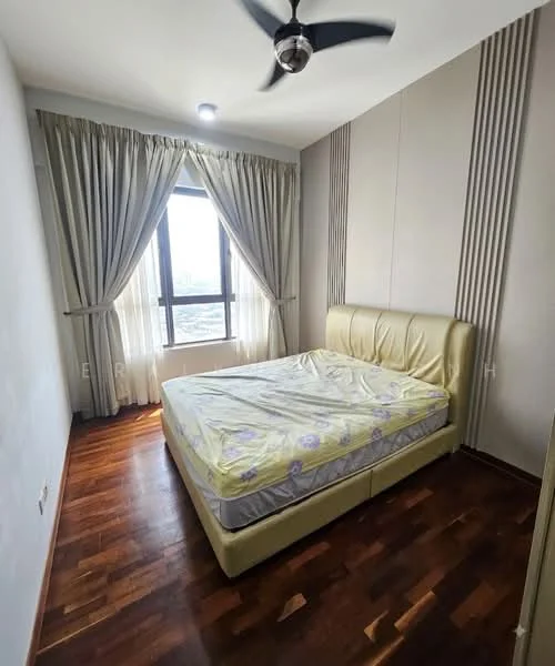 Bedroom features: queen-size bed with upholstered headboard, floor-to-ceiling window, sheer curtains, dark wood flooring, light-colored wall panels, ceiling fan, decorative wall molding, nightstand, built-in wardrobe; style: modern; view: city.