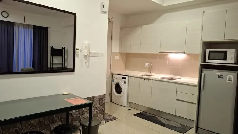 Kitchen features: white cabinetry, granite countertop, single-bowl stainless-steel sink, chrome pull-down faucet, built-in oven, microwave, stainless-steel fridge, front-load washing machine, tile flooring, recessed downlights, wall-mounted clock, black dining table, two black stools; style: modern.