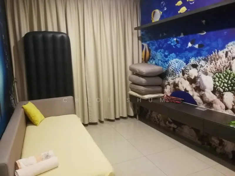 Room features: beige fabric sofa, yellow accent pillow, decorative wall mural with underwater scene, light-colored flooring, curtains in neutral color, stacked cushions, floating shelf, wall-mounted shelf; style: modern.