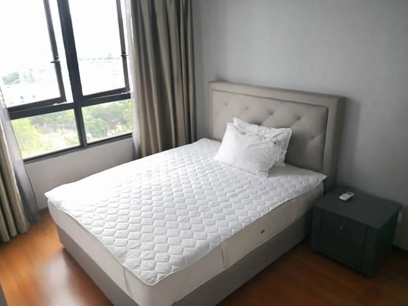 Bedroom features: king-size bed, upholstered headboard, white bedding, nightstand, laminate flooring, floor-to-ceiling windows, curtains, city view; style: modern; view: city.