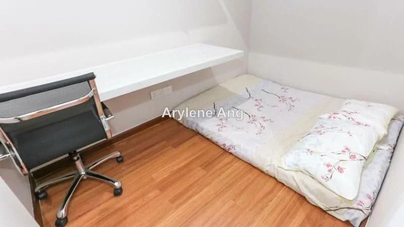 Bedroom features: wooden flooring, white painted walls, single bed with floral bedding, desk with white surface, office chair with wheels; style: modern.