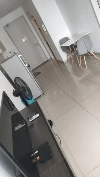 Room features: white walls, glossy tile flooring, recessed downlights, floor-to-ceiling windows, dining table with grey chairs, television unit, fan, kitchenette with fridge, door leading to hallway; style: modern.