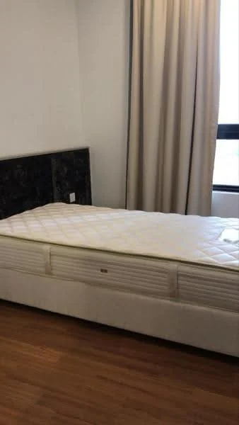 Bedroom features: single bed, upholstered headboard, wooden flooring, white painted walls, floor-to-ceiling window, sheer curtains, mattress on bed frame; style: modern.