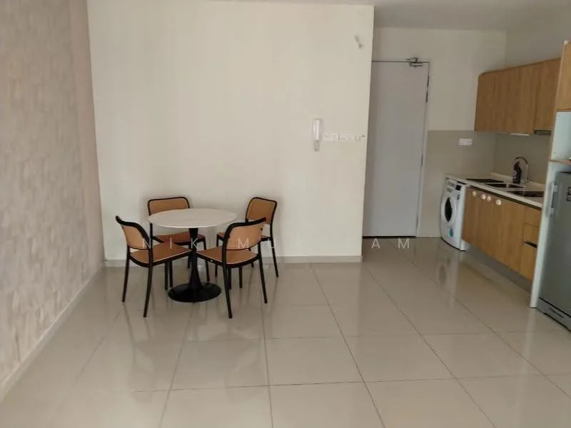 Kitchen features: white painted walls, cream tiled flooring, wood cabinetry, stainless-steel fridge, built-in oven, freestanding washing machine, round dining table, 4 dining chairs; style: modern.
