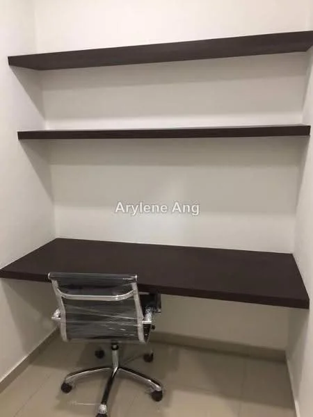 Study features: brown wooden desk, transparent office chair, three floating shelves, white painted walls, tile flooring; style: modern.
