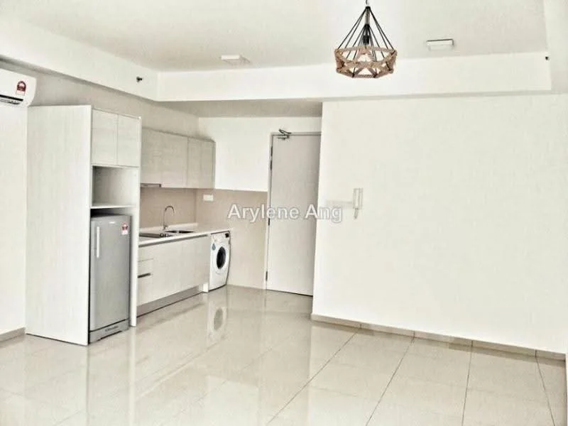 Kitchen features: white cabinetry, stainless-steel fridge, built-in oven, freestanding washing machine, single-bowl stainless-steel sink, chrome pull-down faucet, ceramic tile flooring, recessed downlights, open shelving, countertop, wall-mounted cabinets; style: modern.