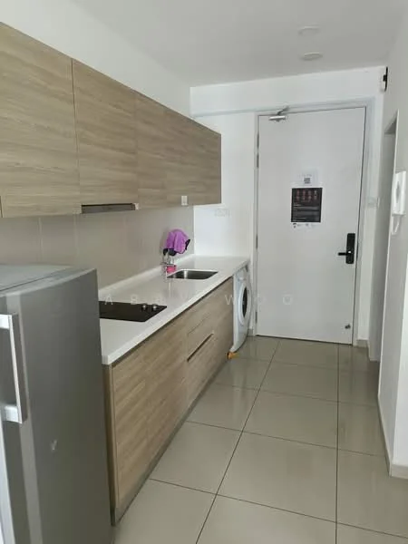Kitchen features: light wood cabinetry, white countertop, single-bowl stainless-steel sink, chrome pull-down faucet, built-in electric stove, stainless-steel fridge, front-load washing machine, ceramic tile flooring, white painted walls, recessed downlights; style: modern.