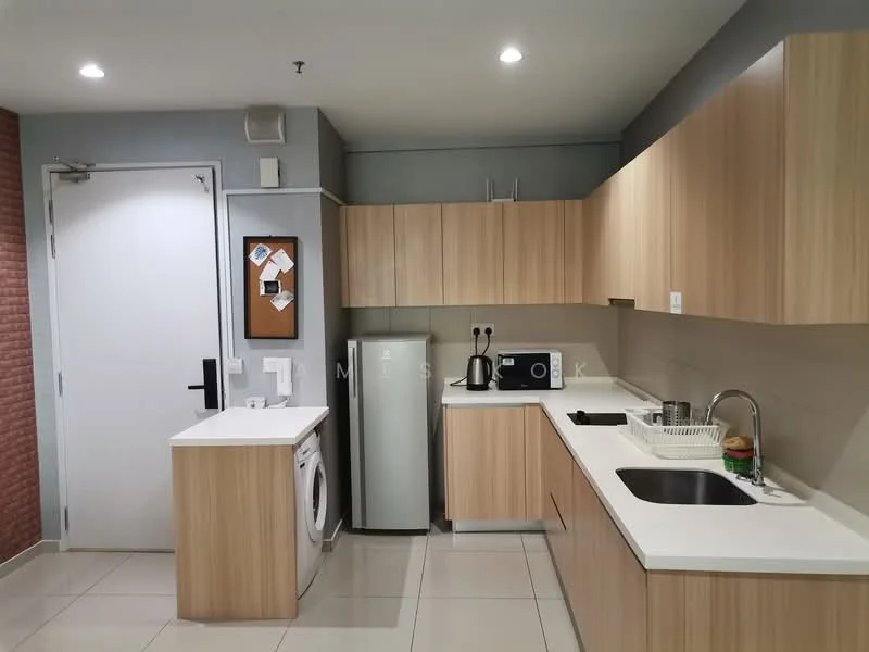 Kitchen features: light wood cabinetry, white countertop, stainless-steel fridge, built-in microwave, freestanding washing machine, single-bowl stainless-steel sink, chrome pull-down faucet, ceramic tile flooring, white tiled backsplash, wall-mounted cabinets, kitchen island with storage; style: modern.