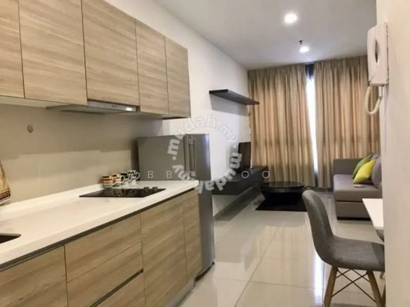 Kitchen features: light wood cabinetry, white countertop, stainless-steel sink, 4-burner gas hob, built-in oven, stainless-steel fridge; style: modern. Living features: grey fabric sofa, coffee table, TV console, wall-mounted TV, area rug, floor-to-ceiling windows with sheer curtains; style: modern.