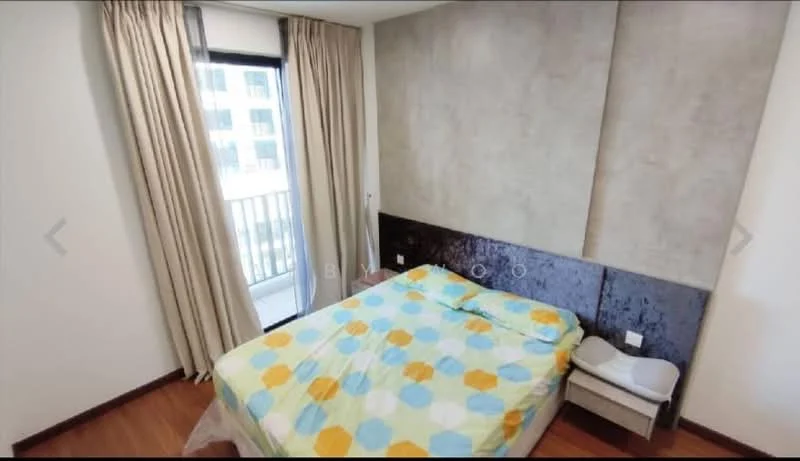 Bedroom features: queen-size bed with colorful bedding, wooden flooring, grey accent wall, floor-to-ceiling window, sheer curtains, nightstand, light switch, balcony view; style: modern; view: city.