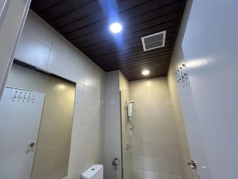 Bathroom features: white tiled walls, dark wood ceiling, recessed LED downlights, shower with handheld showerhead, one-piece toilet, mirror, exhaust fan, towel rack; style: modern.