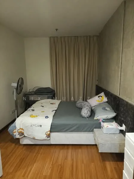 Bedroom features: queen-size bed with grey bedding, decorative bedspread with cartoon characters, wooden flooring, cream painted walls, curtains, wall-mounted fan, nightstand, built-in wardrobe with sliding doors, accent wall with textured finish; style: modern.