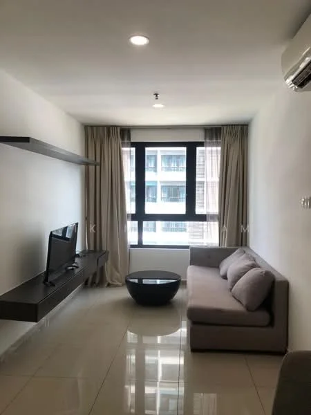 Living features: grey fabric sofa, round coffee table, wall-mounted TV, floating shelf, floor-to-ceiling windows, sheer curtains, recessed downlights, glossy tile flooring, air conditioning unit; style: modern; view: city.