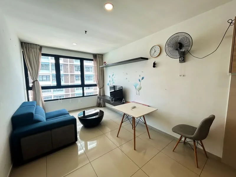 Living features: blue fabric sofa, black coffee table, white dining table, grey dining chair, wall-mounted TV, floating shelf, decorative wall art, floor-to-ceiling windows, curtains, ceiling fan with light, tile flooring, clock on wall; style: modern; view: city.