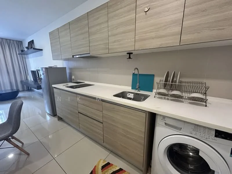 Kitchen features: light wood cabinetry, white countertop, double-bowl stainless-steel sink, chrome pull-down faucet, built-in oven, freestanding washing machine, dish rack, ceramic tile flooring, recessed downlights, grey accent wall, open shelving, area rug with geometric pattern; style: modern.