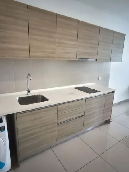 Kitchen features: single-bowl stainless-steel sink, chrome pull-down faucet, double-bowl sink, laminate cabinetry in light wood finish, white solid surface countertop, built-in kitchen drawers, ceramic tile flooring, wall-mounted cabinetry, neutral wall tiles, washing machine visible; style: modern.