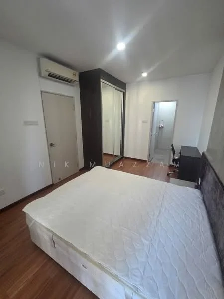 Bedroom features: wooden flooring, white painted walls, recessed downlights, built-in wardrobe with sliding doors, wall-mounted air conditioning unit, mirror on wardrobe, desk with chair, queen-size bed base without mattress; style: modern.