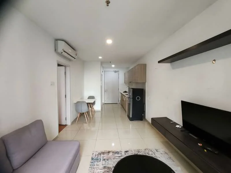 Living features: grey fabric sofa, black coffee table, wall-mounted TV, TV console, area rug with geometric pattern, recessed downlights, 1 wall-mounted split AC, white painted walls, glossy tile flooring; style: modern. Dining features: 4-seater dining table, white chairs, white painted walls, glossy tile flooring; style: modern. Kitchen features: stainless-steel fridge, built-in cabinets, countertop, kitchen sink, recessed downlights, glossy tile flooring; style: modern.