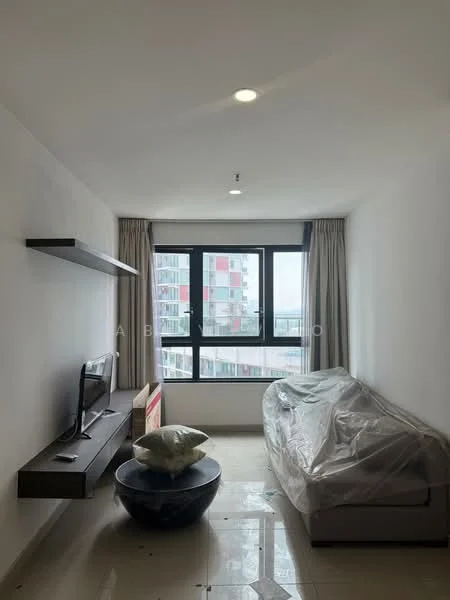 Living features: white painted walls, polished tile flooring, floor-to-ceiling windows, curtains, 3-seater sofa covered in plastic, wall-mounted TV, floating shelf, round coffee table; style: modern; view: city.