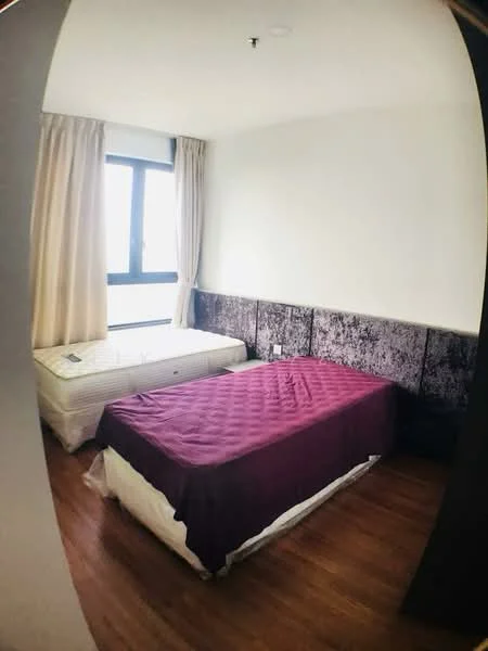 Bedroom features: two beds, purple bedspread on one bed, white striped bedding on the other bed, wooden flooring, large window with sheer curtains, purple upholstered headboard, wall-mounted electrical outlets, minimalist decor; style: modern.