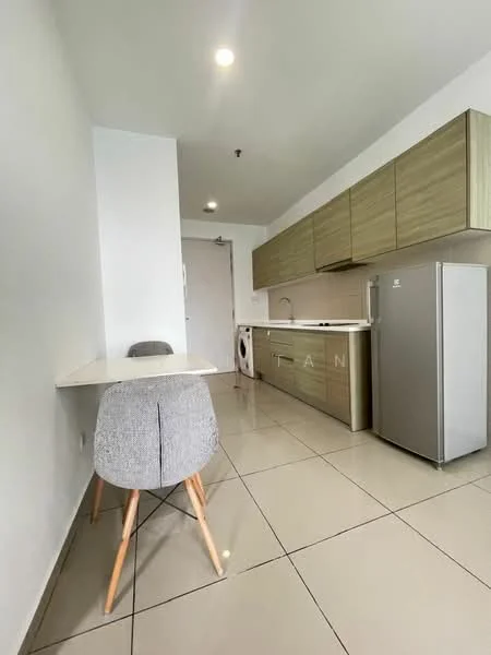 Kitchen features: light wood cabinetry, white countertop, stainless-steel fridge, built-in sink, single-bowl stainless-steel sink, chrome faucet, ceramic tile flooring, wall-mounted cabinets, washing machine, table with two chairs, recessed lighting; style: modern.