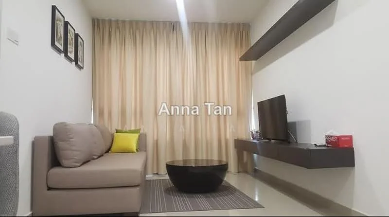 Living features: 3-seater fabric sofa in light grey, yellow accent cushion, round coffee table in black, wall-mounted TV, floating shelf, curtains in light beige, wall art frames, tile flooring, recessed lighting; style: modern.