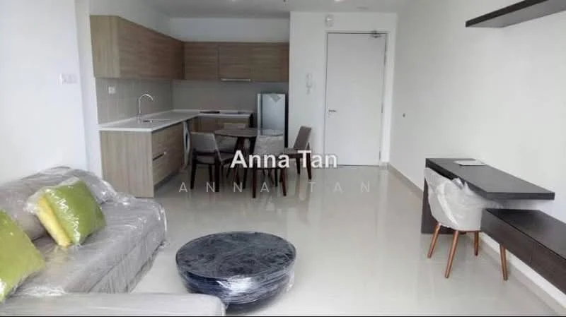 Living features: grey fabric sofa, green accent cushions, round coffee table with dark surface, white walls, glossy tile flooring, wall-mounted TV, study desk with chair, open kitchen layout, kitchen cabinetry in light wood, stainless-steel fridge, kitchen countertop in white, kitchen sink, kitchen faucet; style: modern.