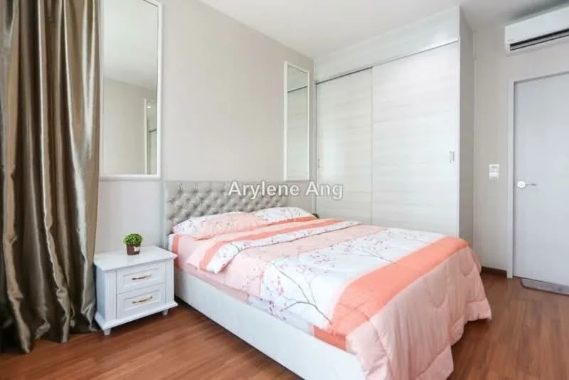 Bedroom features: queen-size bed with upholstered headboard, bedding in coral and white floral pattern, white bedside table, decorative plant on bedside table, full-length mirror, built-in wardrobe with sliding doors, wooden flooring, curtains in dark brown, air conditioning unit on wall, neutral painted walls; style: modern.
